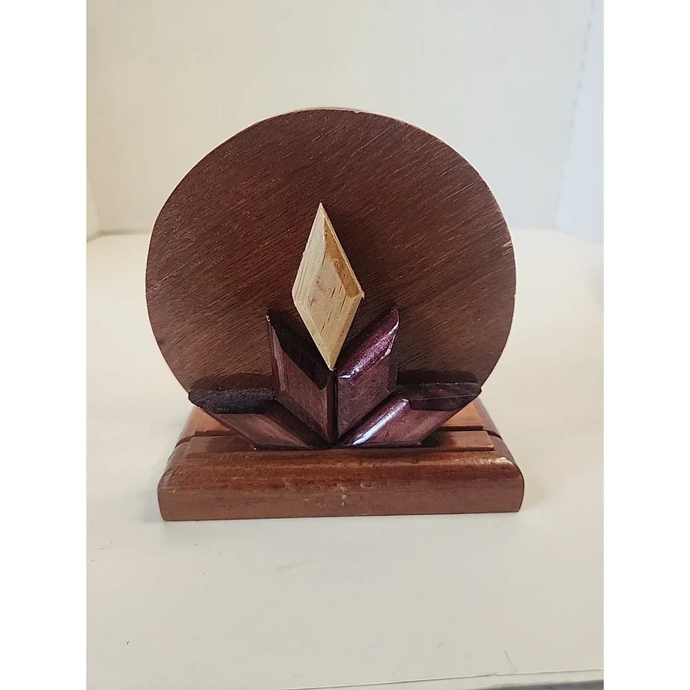 Handcrafted Tri-Colored Intarsia‎ Wooden Napkin Holder Abstract Floral Design
